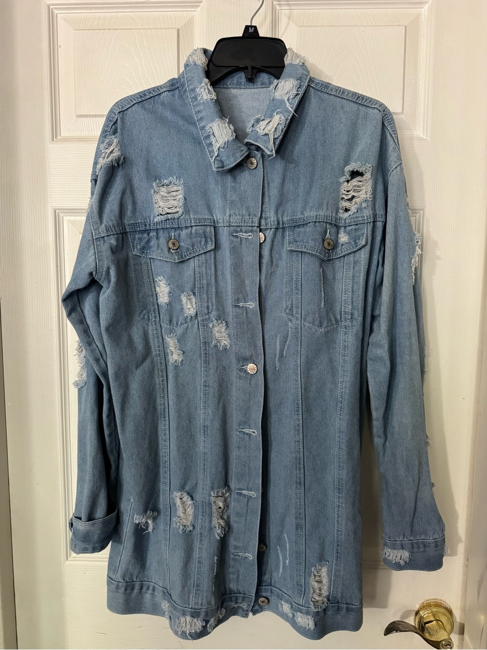 SHEIN Light Blue Distressed Oversized Denim Jacket